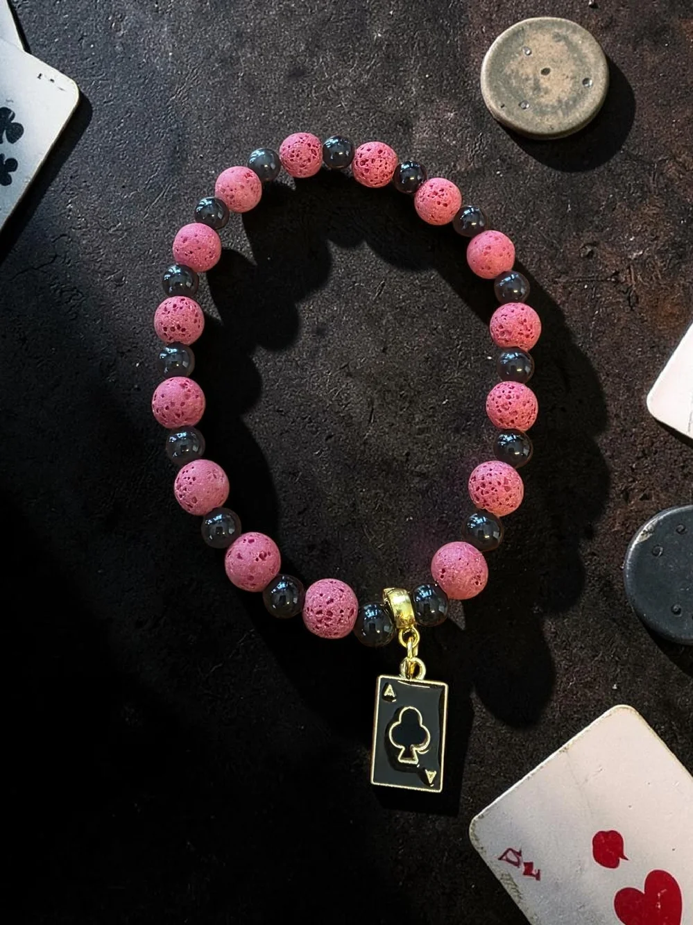 Handmade Red Lava Stone Ace of Clubs Card Charm Stretch Bracelet NWT